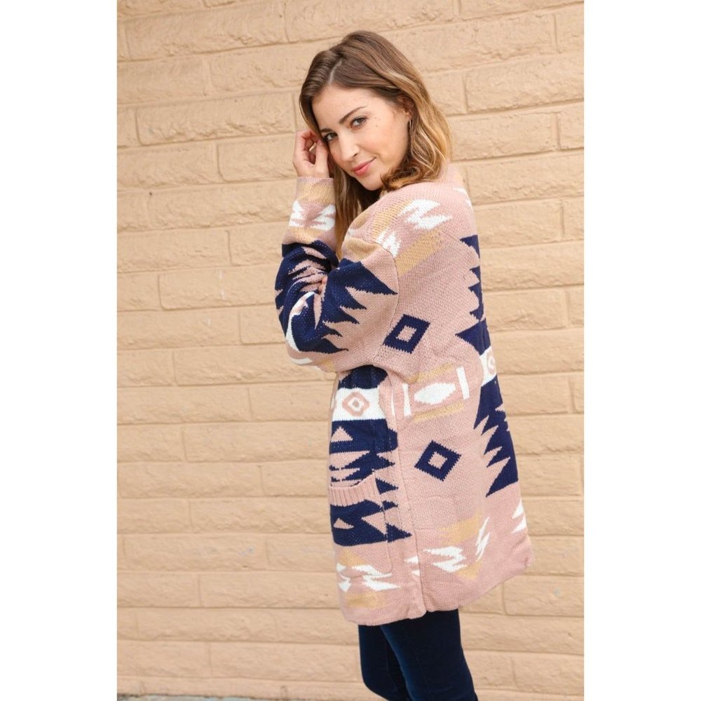 Aztec Tribal Print Open Cardigan with Pockets - Picture 5 of 7